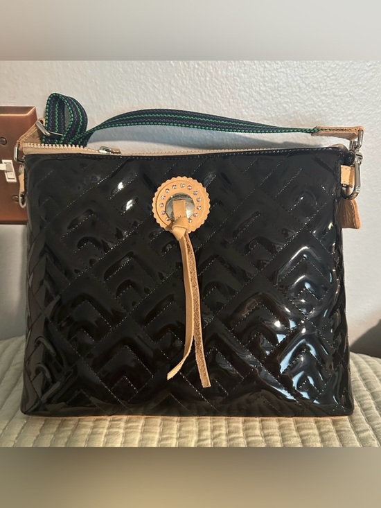 Consuela Handbags - Consuela Inked Downtown Crossbody Black Patent Bah with Tan Tassel